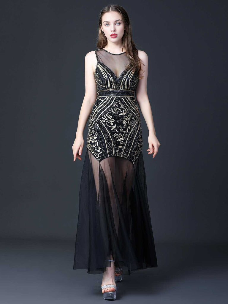 Black 1920s Round Neck Sheer Beading Dress | Retro Stage Black 1920s Round Neck Sheer Beading Dress | Retro Stage