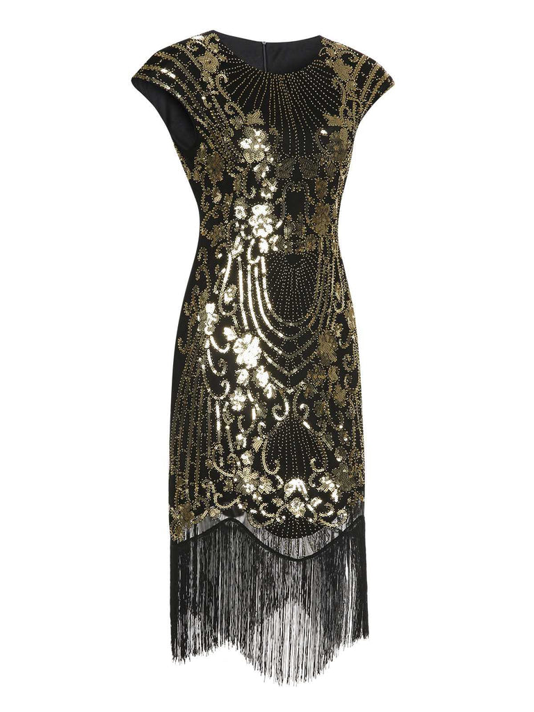 Black 1920s Sequined Tassel Cap Sleeve Dress: where 1920s romance meets her modern spirit