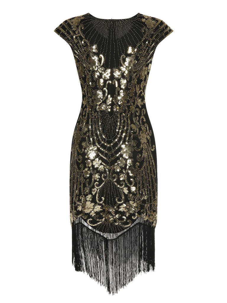 This Black 1920s Sequined Tassel Cap Sleeve Dress wraps her in 1920s elegance, one twirl at a time