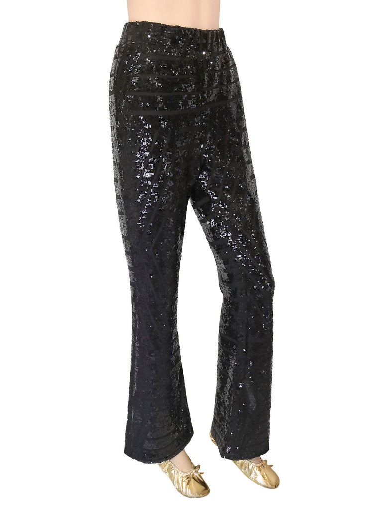 Black 1920s Solid Sequin Flared Pants - vintage fashion, retro style, classic black