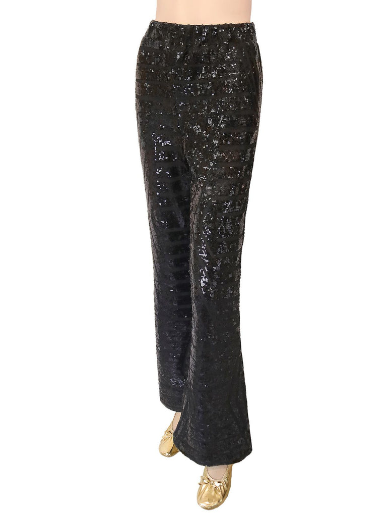 Black 1920s Solid Sequin Flared Pants - vintage fashion, retro style, classic black