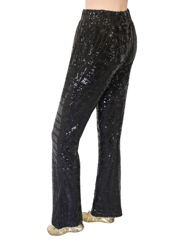 Black 1920s Solid Sequin Flared Pants - vintage fashion, retro style, classic black