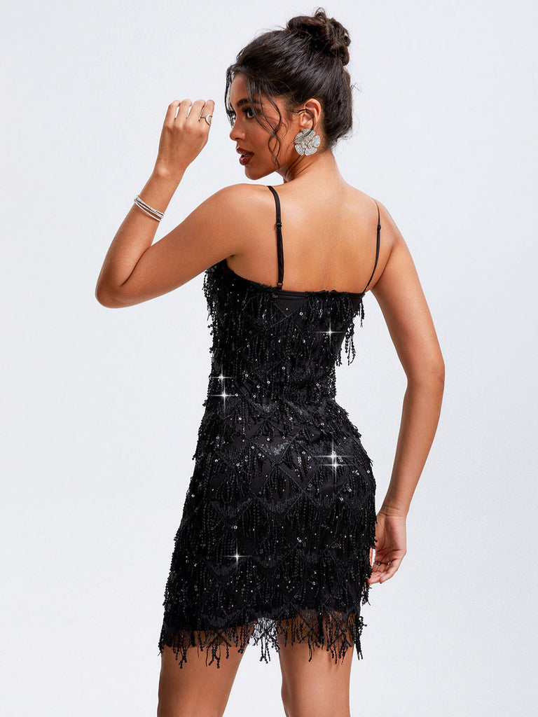 Black 1920s Spaghetti Straps Sequined Flapper Dress, vintage dress, retro fashion, Gatsby party, flapper style - perfect for women who love vintage and retro fashion