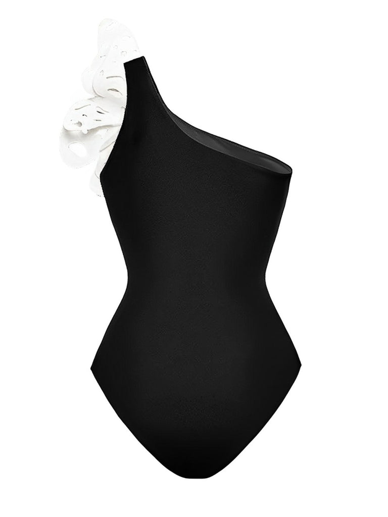 This Black 1930s 3D-Butterfly One-Shoulder Swimsuit carries 1930s vacation dreams in every stitch