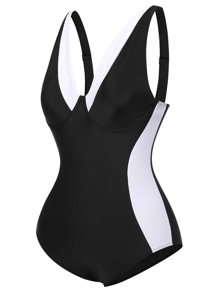 Black 1930s Contrast One-Piece Swimsuit: 1930s Riviera elegance, reimagined for her