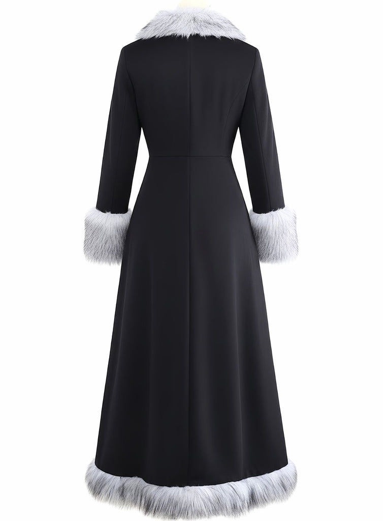 Vintage Inspired Long Coat with Faux Fur Cuffs & Hem | Fitted Waist A-Line Opera Coat Vintage Inspired Long Coat with Faux Fur Cuffs & Hem | Fitted Waist A-Line Opera Coat