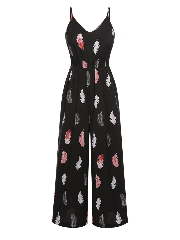 Black 1930s Feather Print Spaghetti Strap Jumpsuit, vintage romper, retro jumpsuit - perfect for women who love vintage and retro fashion