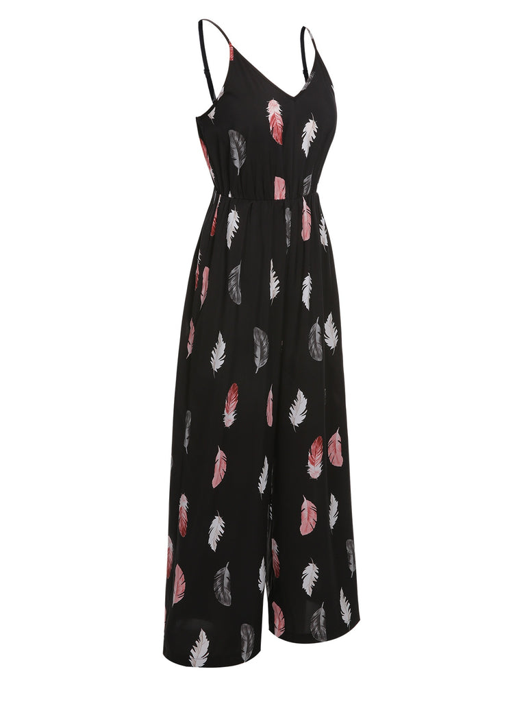 Black 1930s Feather Print Spaghetti Strap Jumpsuit, vintage romper, retro jumpsuit - perfect for women who love vintage and retro fashion
