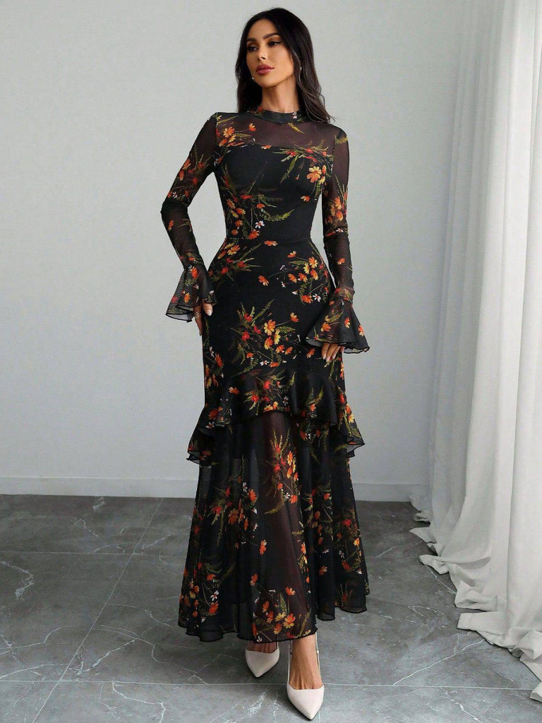 Floor Length Mesh Wedding Guest Dress Mermaid Floral Long Sleeve High Neck with Flounce Hem Floor Length Mesh Wedding Guest Dress Mermaid Floral Long Sleeve High Neck with Flounce Hem
