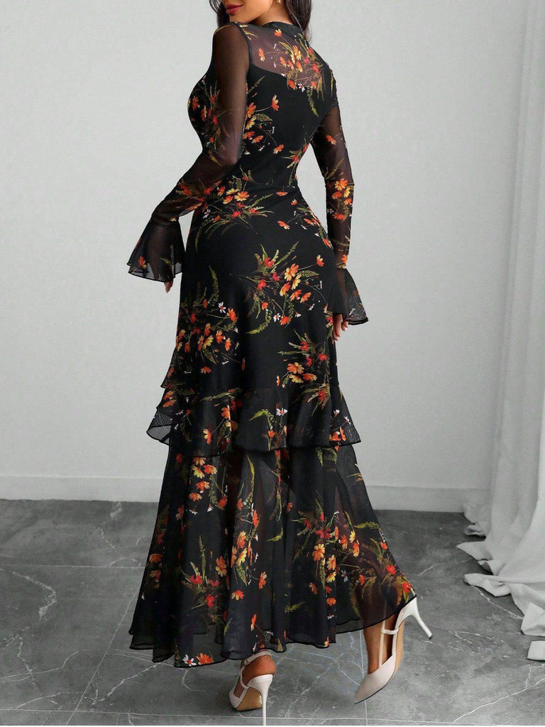 Black 1930s Floral Mesh Ruffle Maxi Dress | Retro Stage Black 1930s Floral Mesh Ruffle Maxi Dress | Retro Stage