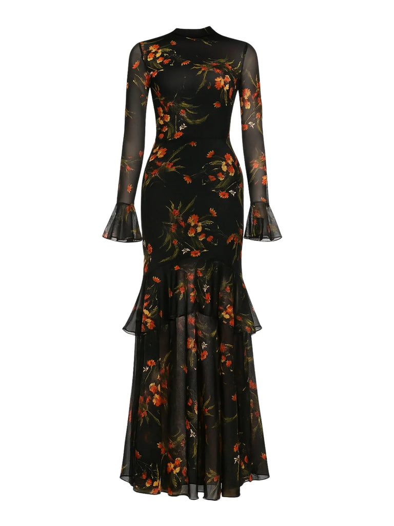 Women's Floral Print Maxi Dress, Sheer Mesh Flare Sleeve With Tiered Ruffle, Romantic Boho Casual Long Dress Black / XL Women's Floral Print Maxi Dress, Sheer Mesh Flare Sleeve With Tiered Ruffle, Romantic Boho Casual Long Dress Black / XL