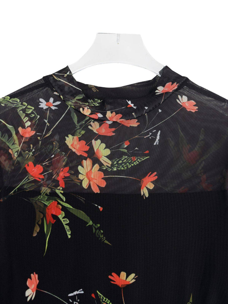 Black 1930s Floral Mesh Ruffle Maxi Dress - vintage dress, retro fashion, classic black