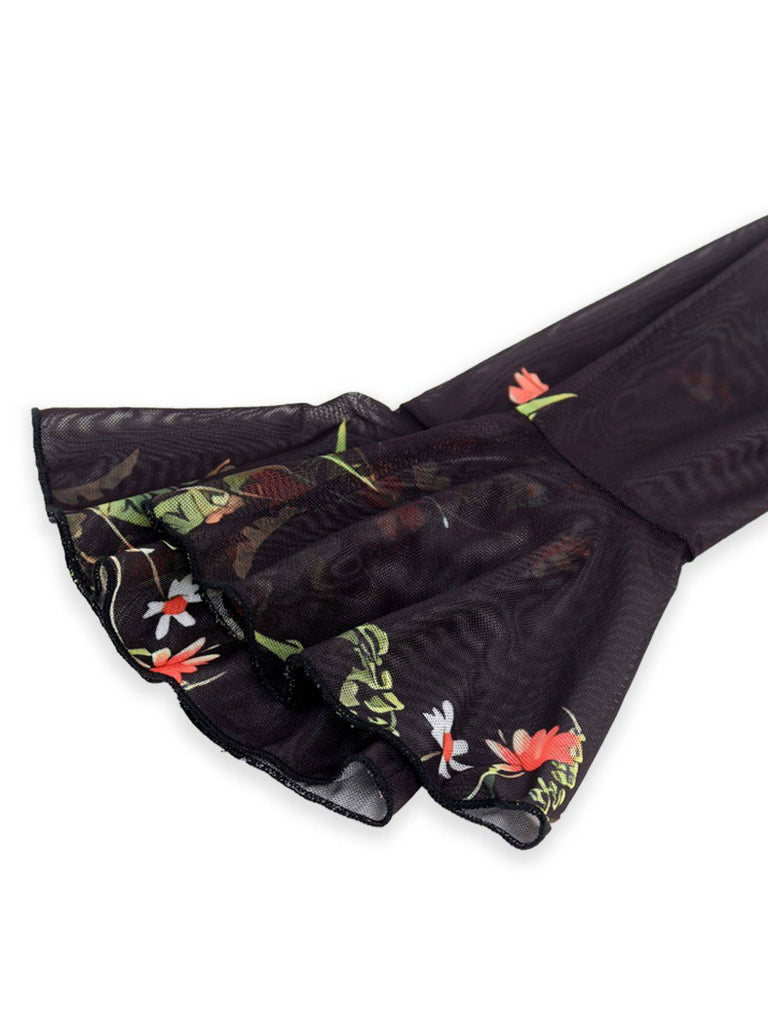 Black 1930s Floral Mesh Ruffle Maxi Dress - vintage dress, retro fashion, classic black