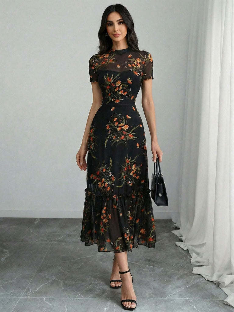 Black 1930s Floral Mesh Ruffle Midi Dress - vintage dress, retro fashion, classic black