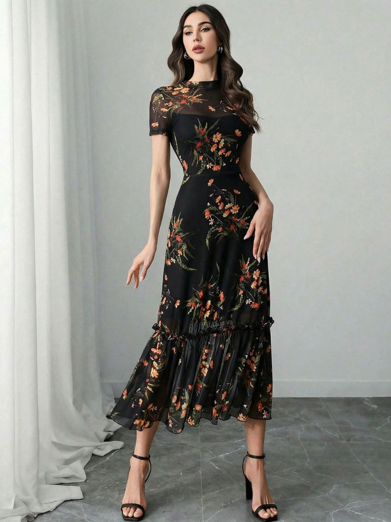 Black 1930s Floral Mesh Ruffle Midi Dress - vintage dress, retro fashion, classic black