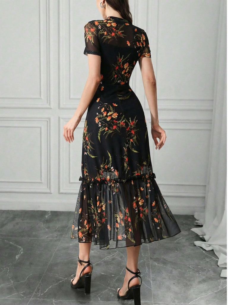 Black 1930s Floral Mesh Ruffle Midi Dress - vintage dress, retro fashion, classic black