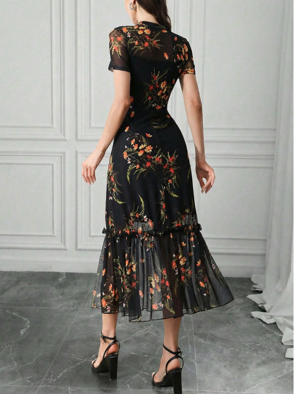 Vintage Black Floral Mesh Overlay Midi Dress
