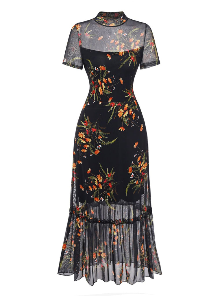 Black 1930s Floral Mesh Ruffle Midi Dress - vintage dress, retro fashion, classic black