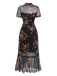 Black 1930s Floral Mesh Ruffle Midi Dress - vintage dress, retro fashion, classic black