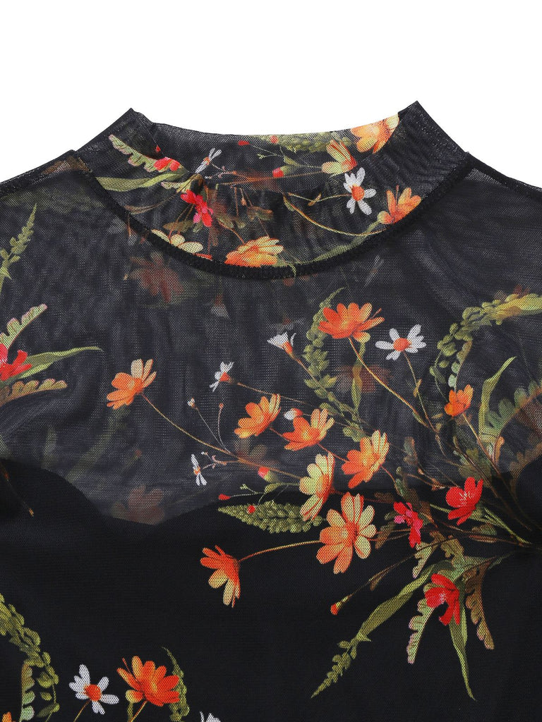 Black 1930s Floral Mesh Ruffle Midi Dress - vintage dress, retro fashion, classic black