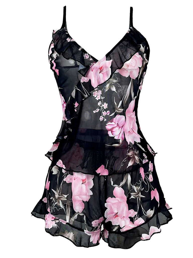 Black 1930s Floral Ruffled V-Neck Pajama Set - vintage fashion, retro style, classic black