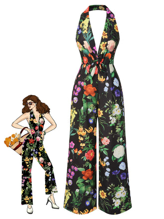 Black 1930s Floral V-Neck Halter Jumpsuit - vintage jumpsuit, retro fashion, classic black