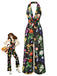Black 1930s Floral V-Neck Halter Jumpsuit - vintage jumpsuit, retro fashion, classic black