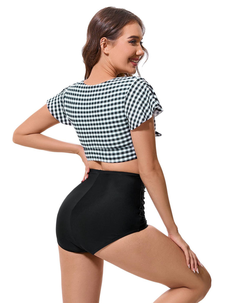 Black 1930s Gingham Plaid Bow Ruched Swimsuit: 1930s Riviera elegance, reimagined for her