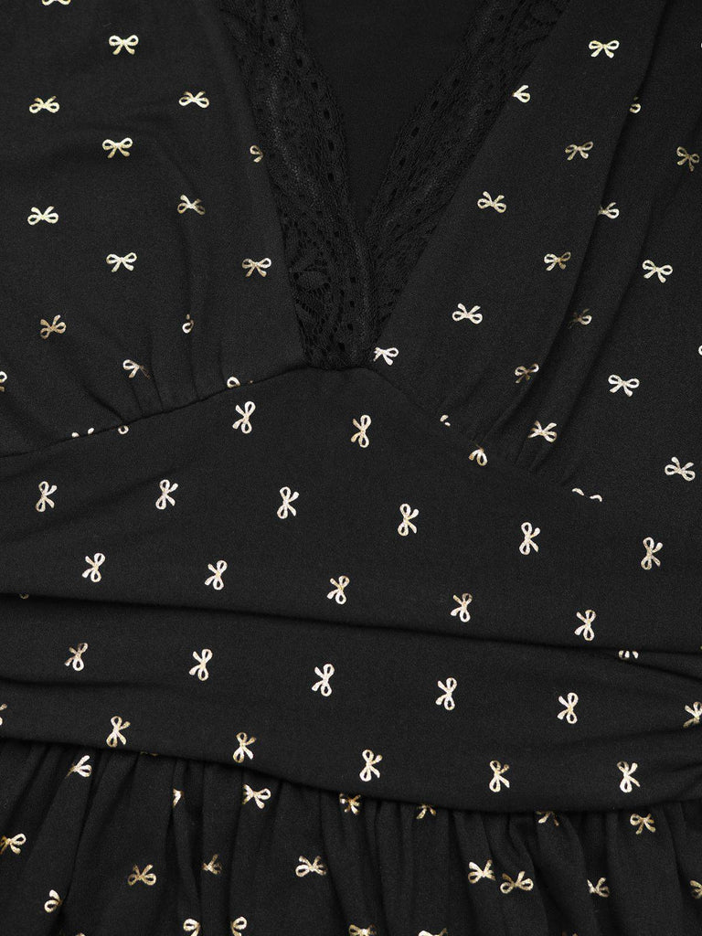 Black 1930s Gold Foil Bow V-Neck Lace Slit Dress - vintage dress, retro fashion, classic black