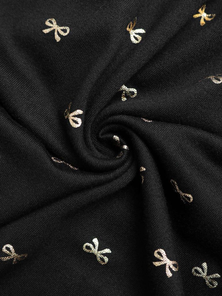 Black 1930s Gold Foil Bow V-Neck Lace Slit Dress - vintage dress, retro fashion, classic black