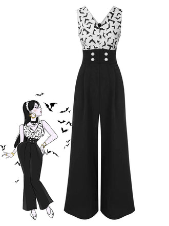 Black 1930s Halloween Bat Patchwork Jumpsuit: timeless style reimagined