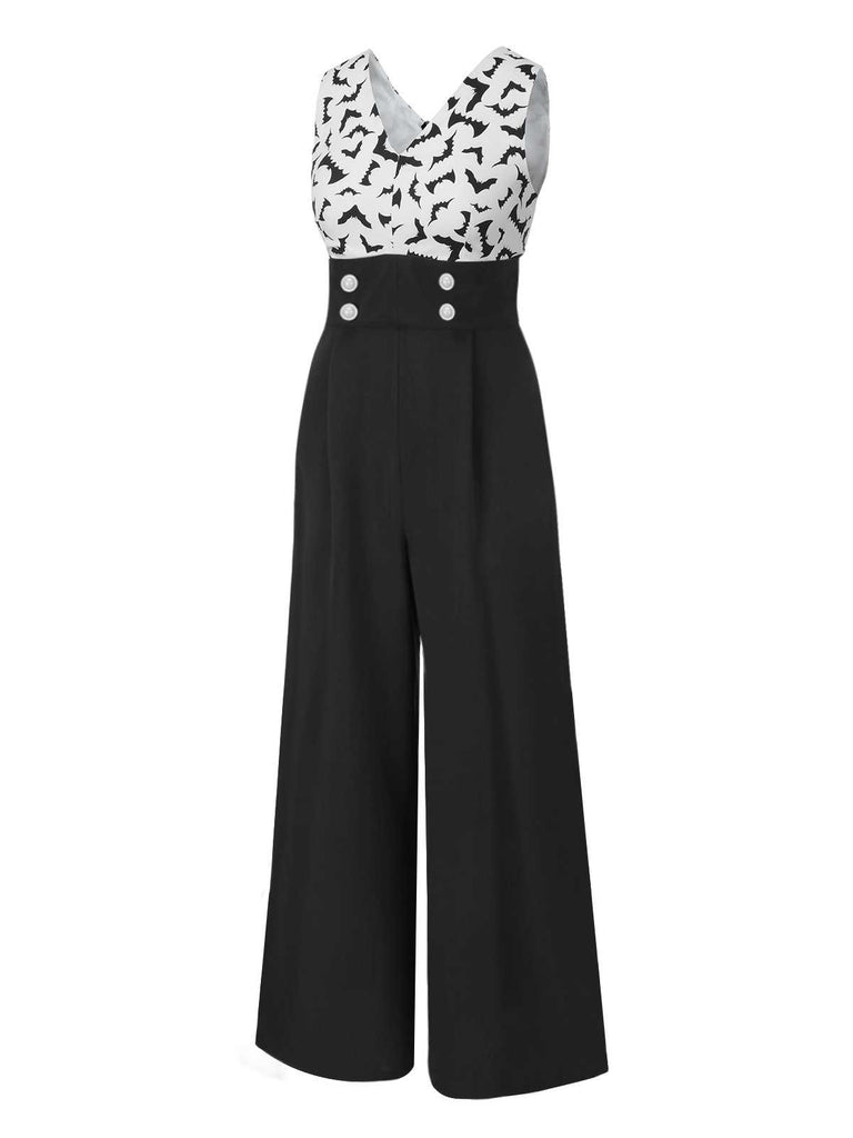 Black 1930s Halloween Bat Patchwork Jumpsuit — vintage elegance for the modern woman