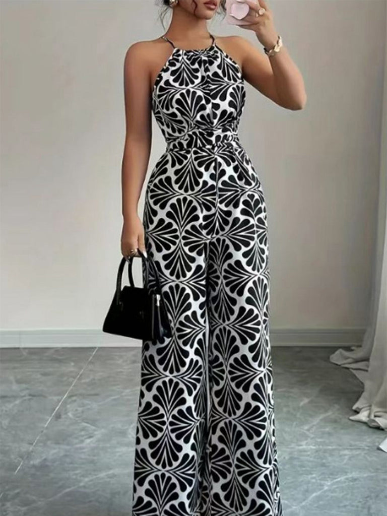 Black 1930s Halter Abstract Print Belted Jumpsuit 5