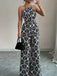 Black 1930s Halter Abstract Print Belted Jumpsuit 5