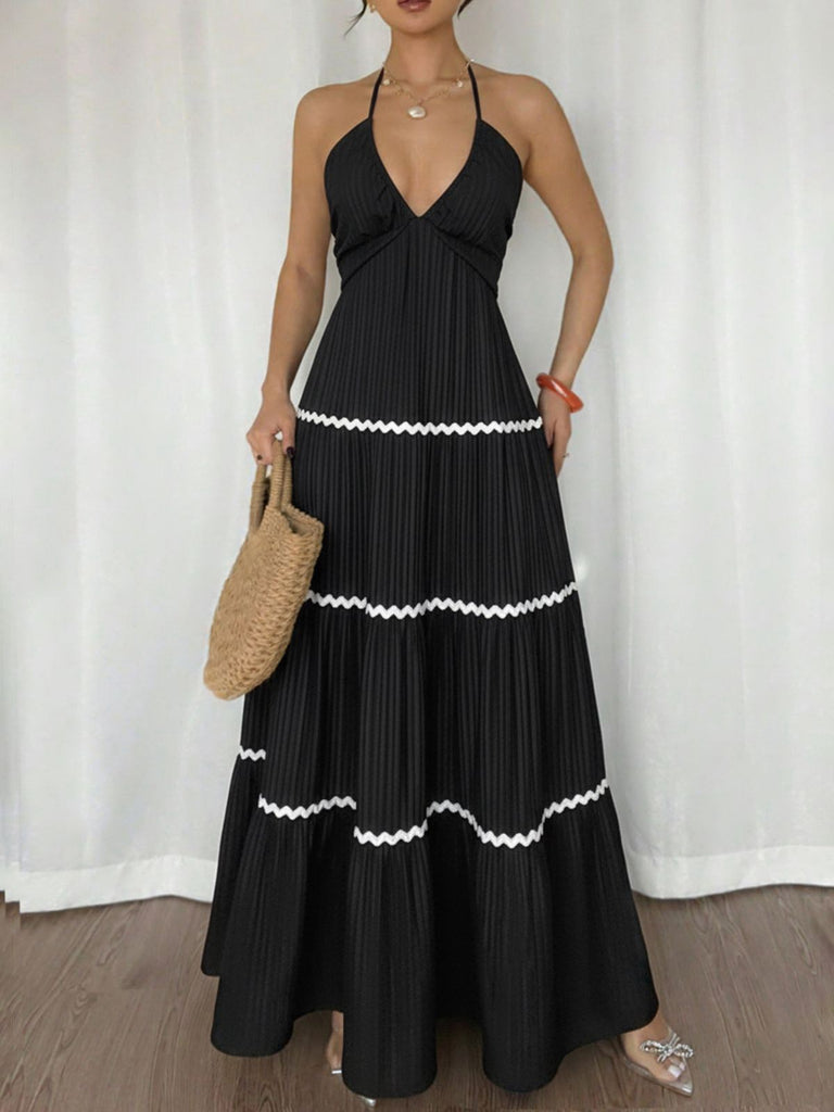 Black 1930s Halter Backless Colorblock Maxi Dress: beautiful vintage dress, retro fashion, elegant style with timeless appeal