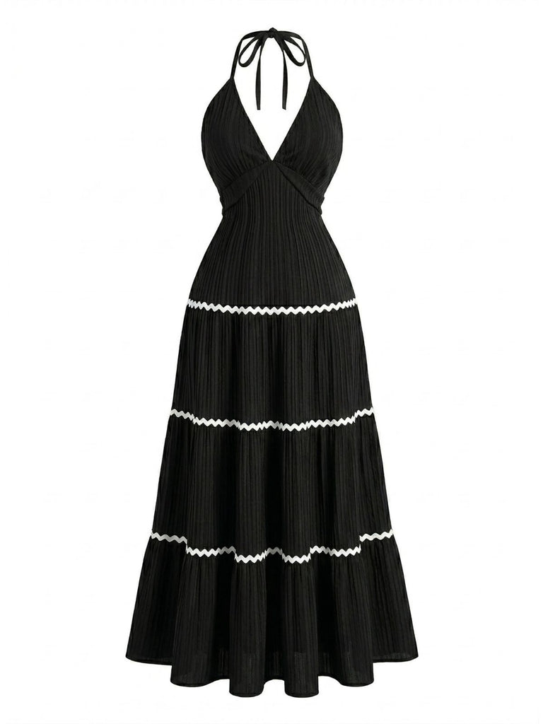 Black 1930s Halter Backless Colorblock Maxi Dress | vintage dress, retro fashion, elegant style - perfect for retro fashion enthusiasts