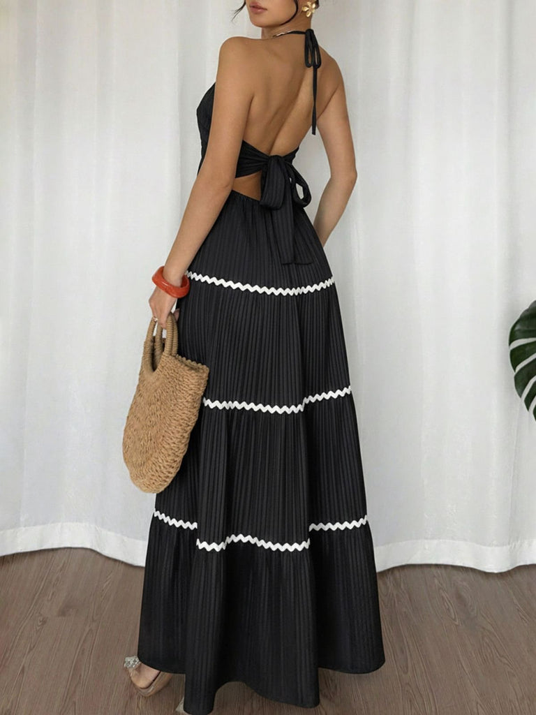 Black 1930s Halter Backless Colorblock Maxi Dress: beautiful vintage dress, retro fashion, elegant style with timeless appeal