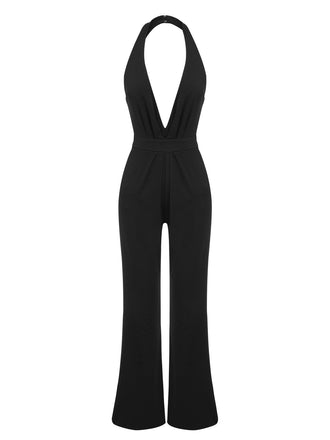 Black 1930s Halter Deep V-Neck Jumpsuit: timeless 1930s elegance she makes her own