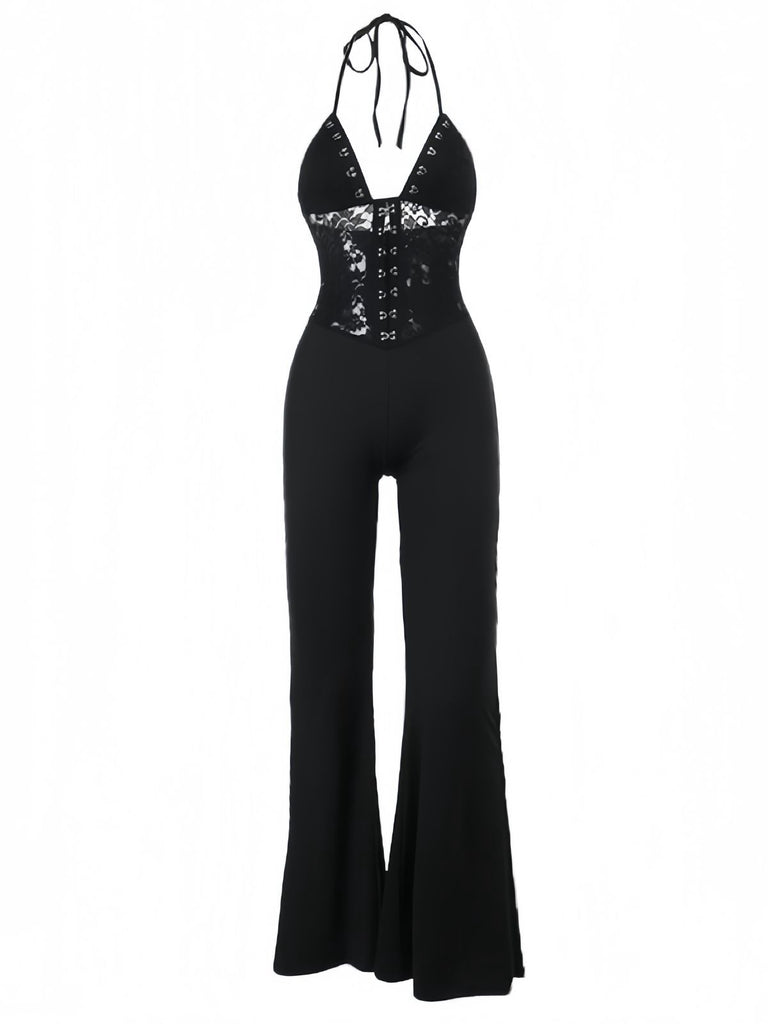 Black 1930s Halter Lace Bell-Bottom Jumpsuit | Retro Stage