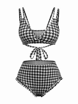 Black 1930s Houndstooth Lace-Up Bikini Set - vintage fashion, retro style, classic black