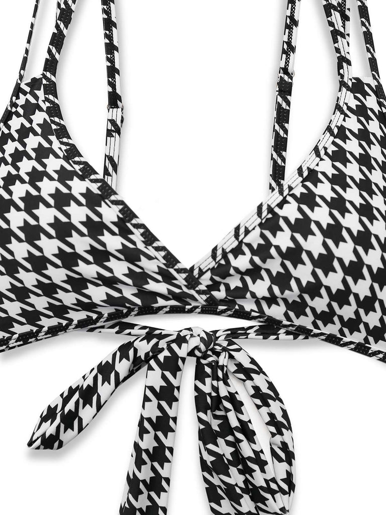 Black 1930s Houndstooth Lace-Up Bikini Set - vintage fashion, retro style, classic black