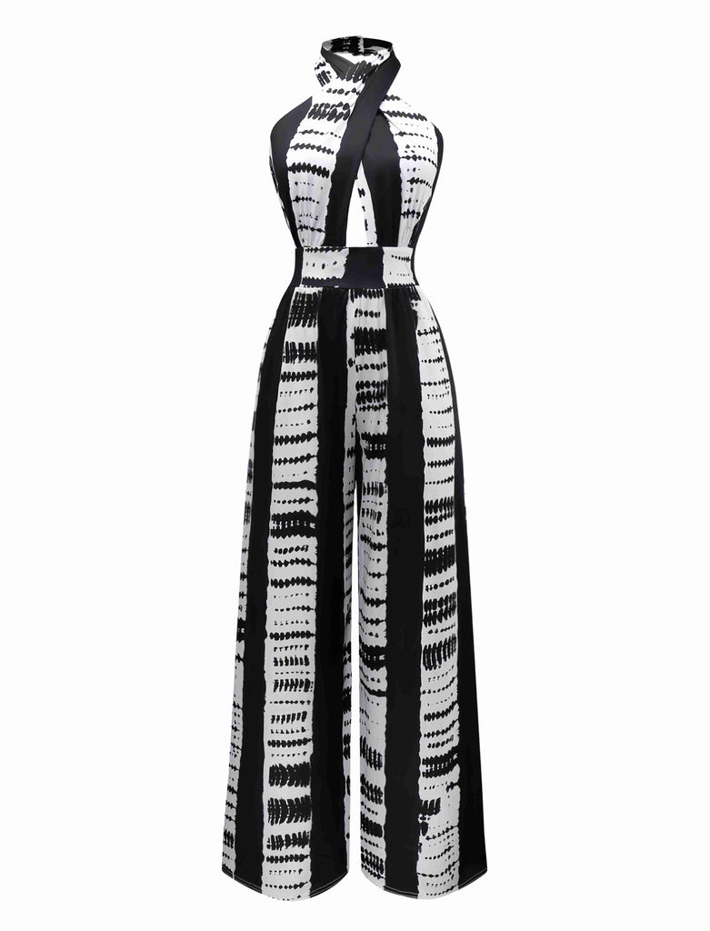 Black 1930s Ink Stains Cross Halter Jumpsuit - vintage jumpsuit, retro fashion, classic black