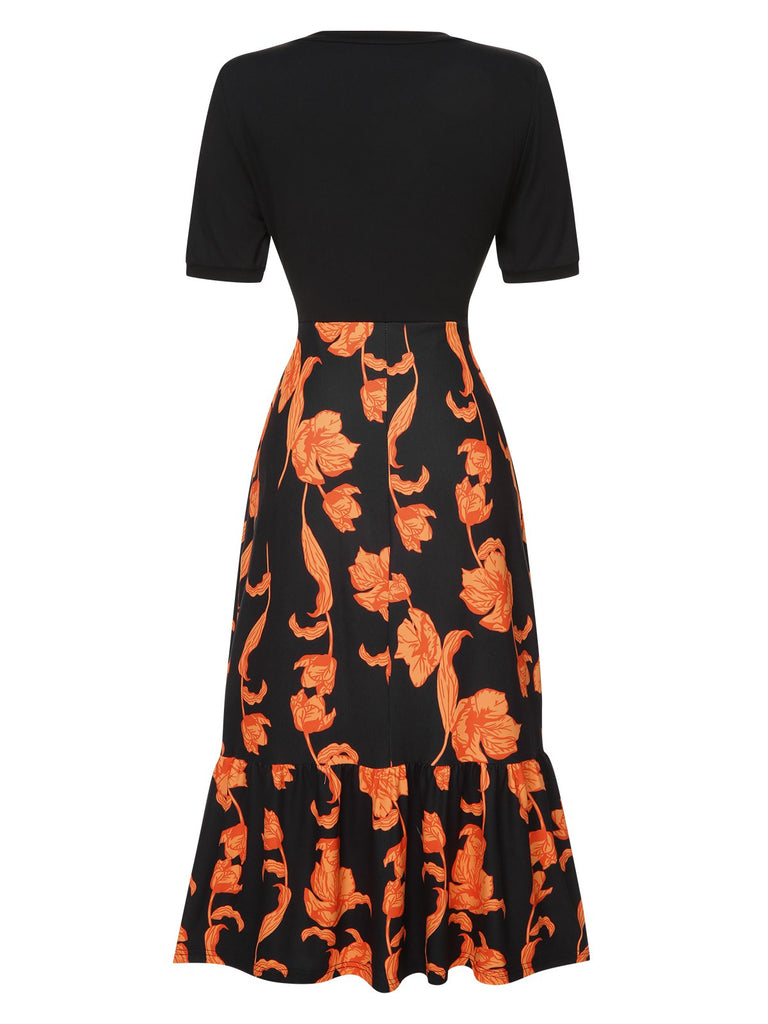 Black 1930s Irregular Neckline Floral Patchwork Dress, vintage dress, retro fashion, floral print - perfect for women who love vintage and retro fashion
