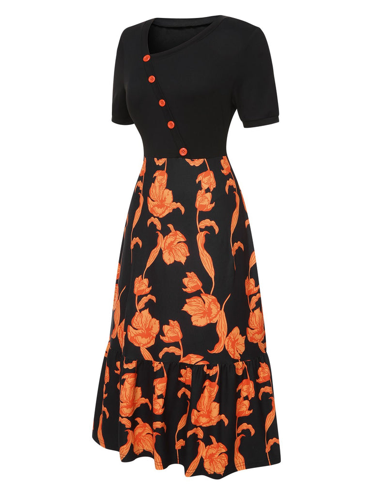 Black 1930s Irregular Neckline Floral Patchwork Dress, vintage dress, retro fashion, floral print - perfect for women who love vintage and retro fashion