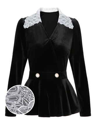 Black 1930s Lace Lapel Collar Velvet Top - vintage fashion, retro style, classic black