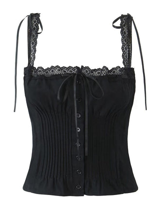 Black corset top with lace straps on a white background