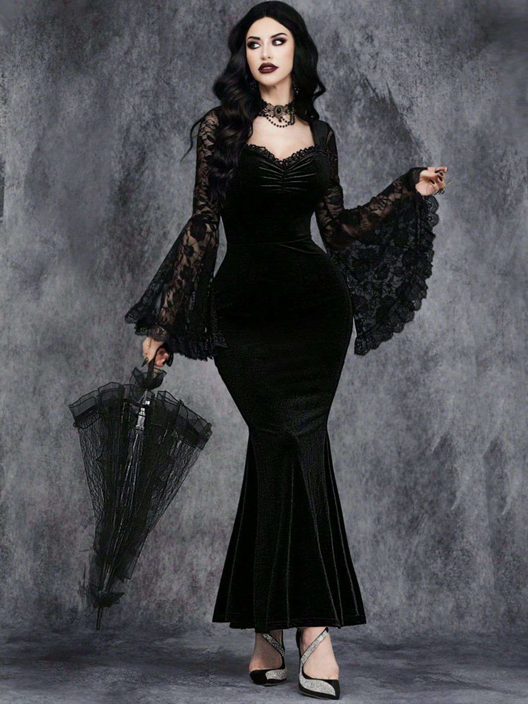 Black 1930s Lace Sleeve Velvet Fishtail Dress - vintage dress, retro fashion, classic black
