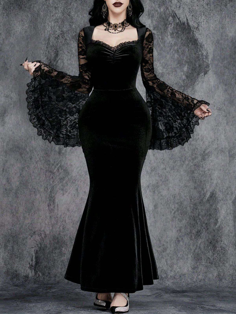 Black 1930s Lace Sleeve Velvet Fishtail Dress - vintage dress, retro fashion, classic black