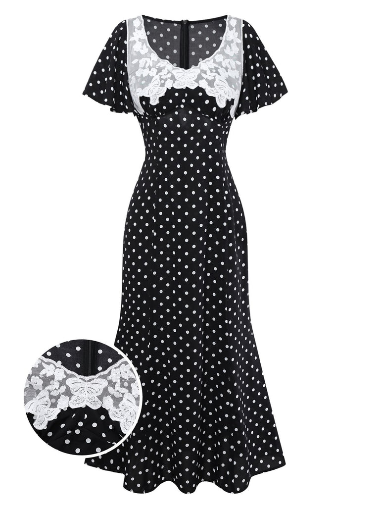 Vintage Black Polka Dot Dress | White Lace Yoke Flutter Sleeve Midi Dress Vintage Black Polka Dot Dress | White Lace Yoke Flutter Sleeve Midi Dress