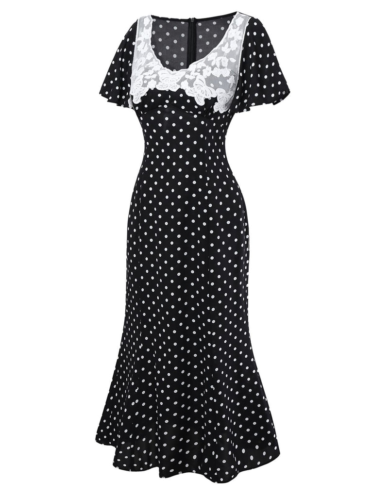 Black 1930s Lace Trim Polka Dot Dress - vintage dress, retro fashion, classic black